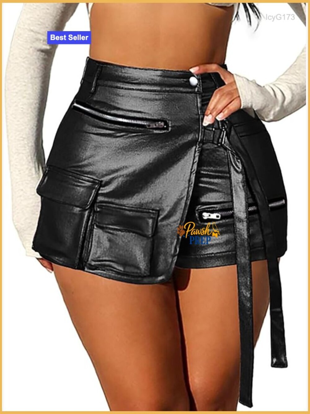 Plus Size High Waisted Metallic Faux Leather Wrap Mini Skort Cargo Shorts